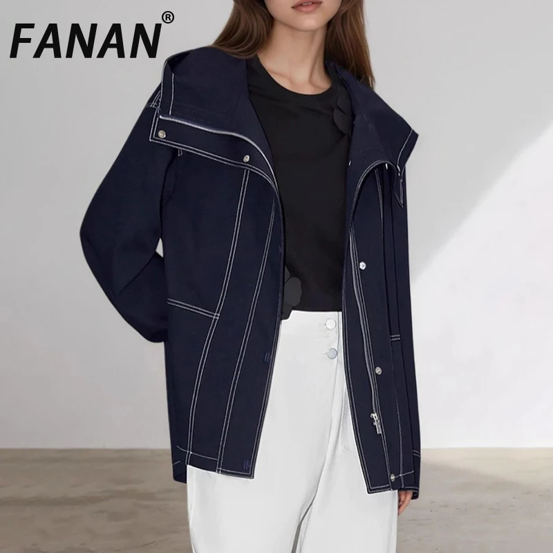 

FANAN Navyblue Spliced Hooded Basics Jacket Female Lapel Long Sleeve Casual Women's Jackets 2025 New Autumn Fashion New Clothing
