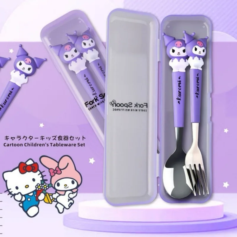 New Anime Sanrio Hello Kitty Kuromi Cinnamoroll Spoon Fork Kawaii Two-piece Tableware Set Portable Cute Dining Out Dining Spoon