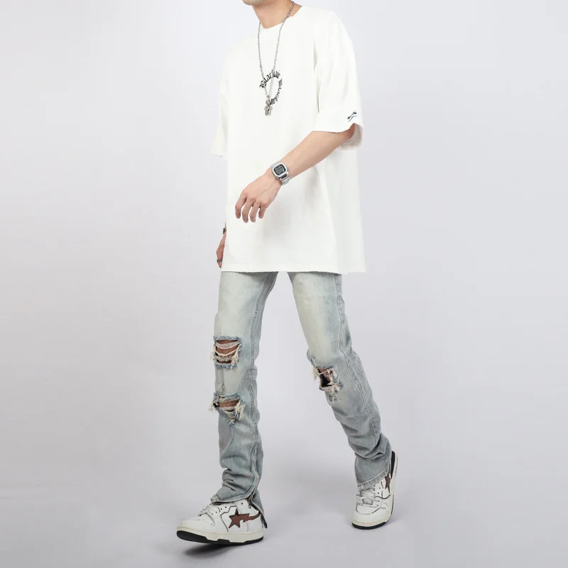 Streetwear Men Jeans Washed Light Blue Micro-elastic Slim Holes Women Summer Thin Pencil Pants Full Length Denim Pants