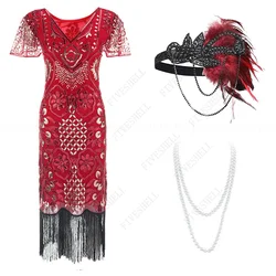 Women 1920s Gatsby Cocktail Sequin Art Deco Flapper Fringed Paisley Vintage Black Gold Dress with 20sArt Deco Accessories