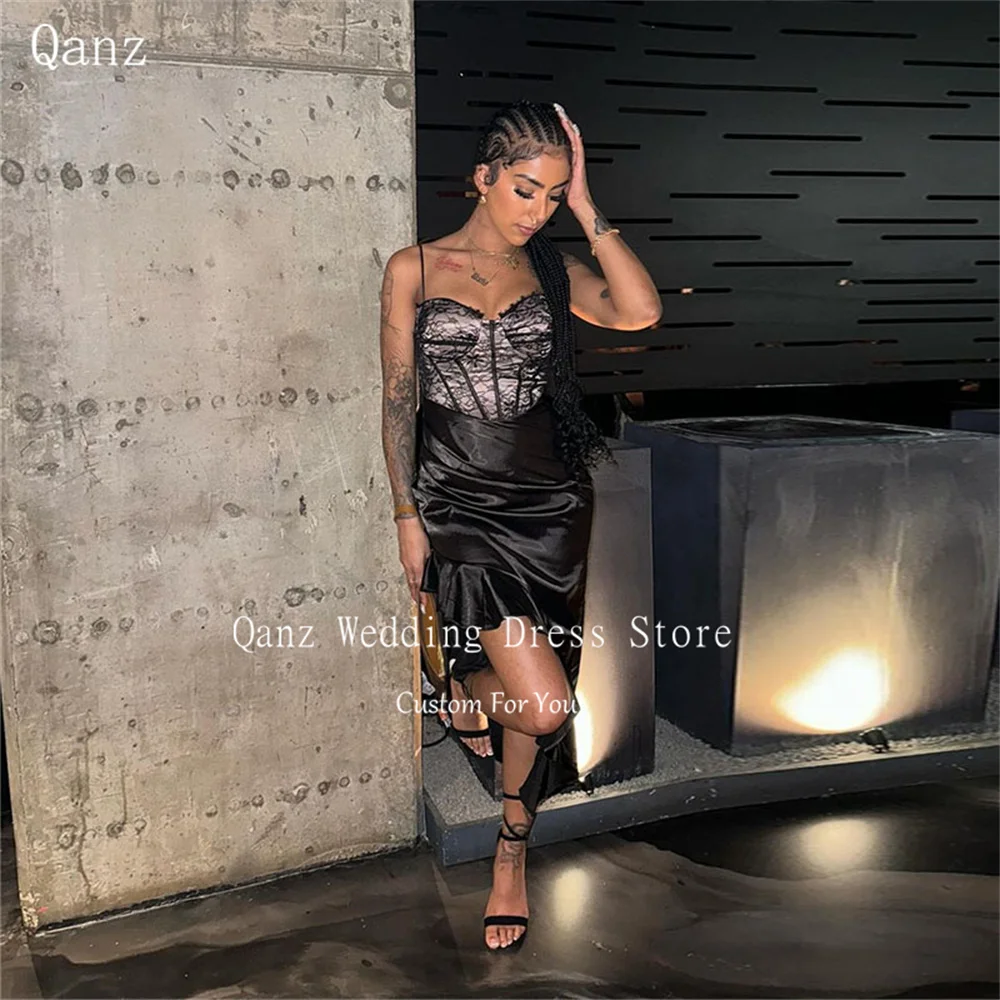 

Qanz Customized Straps Evening Dresses Short Mermaid Black Ruched Birthday Dress Black Girl Lace Up Back Satin Celebrity Dresses