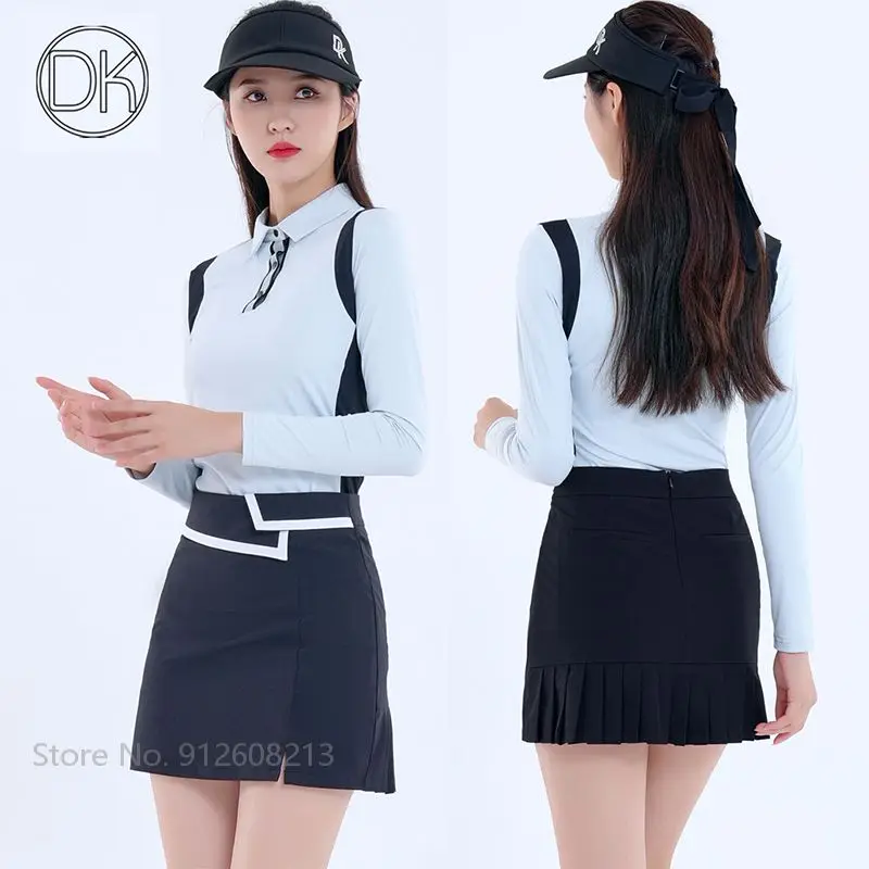 

DK New Korean Golf Lapel Shirt Women Autumn Long Sleeve Slim Sports Tops Girl Split A-lined Skirt Anti-empty Pencil Skort Set