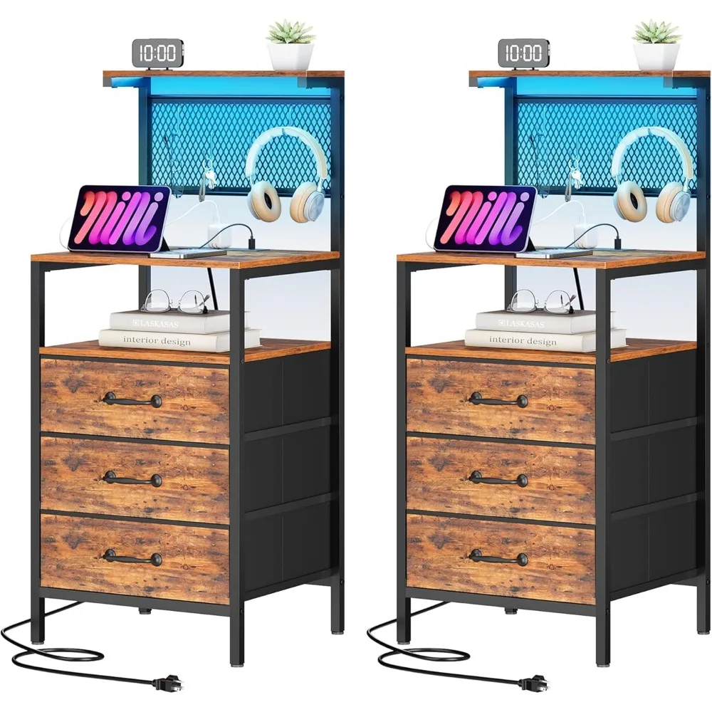 

tall nightstand set 2 with charging station and led lights, large night stands with 3 fabric drawers, bedside table with storage