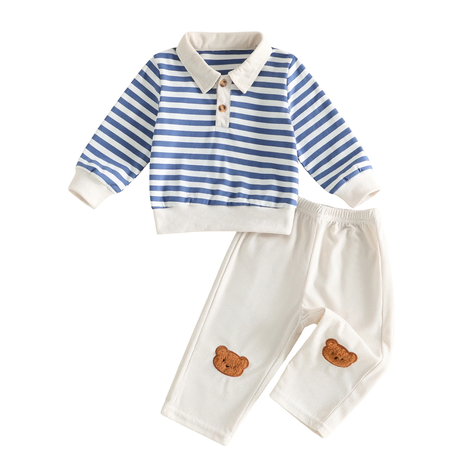 Boy Fall Outfits Stripe Long Sleeve Lapel Pullover Elastic Pants 2 Pcs Set