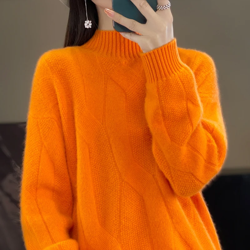 Fall/Winter 2024.   Thickened Pullover Knitted Women's Sweater '100% Pure Wool Semi High Neck Knitted Sweater For Women Loose Fi