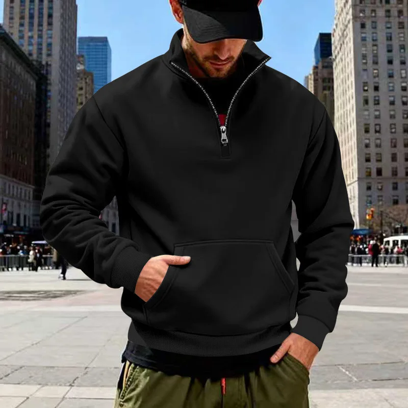 American Autumn and Winter New Style Plus Velvet Heavyweight Men's Simple Retro Casual Stand Collar Commuter Sweatshirt