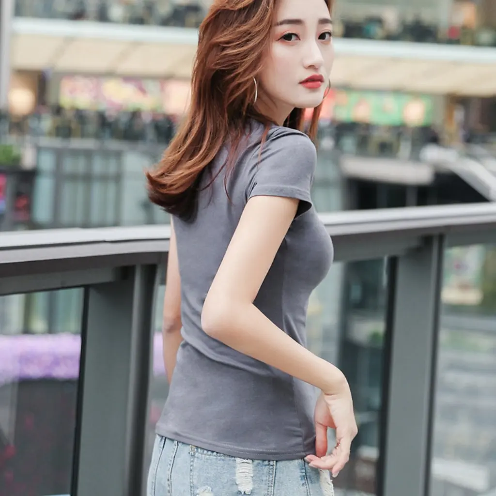 

Дымчато-серая женская облегающая футболка из чистого хлопка с короткими рукавами, летний топ Instagram, популярная облегающая повседневная одежда