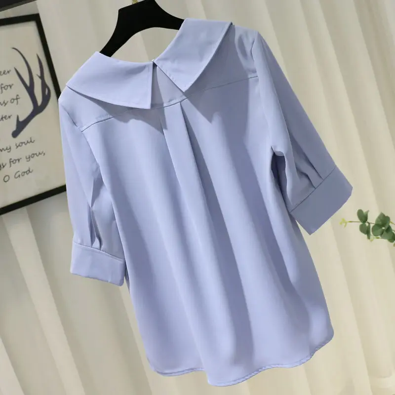 Women Summer Simplicity Loose Temperament Solid Color Chiffon Peter Pan Collar 3/4 Sleeve Shirts Ladies Casual All-match Tops