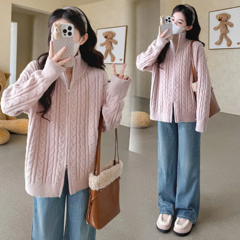Maternity Sweater Autumn Winter 2026 Simple Casual Soft Comfortable Loose Lapel Twist Sweater With Zipper For Pregnant Women