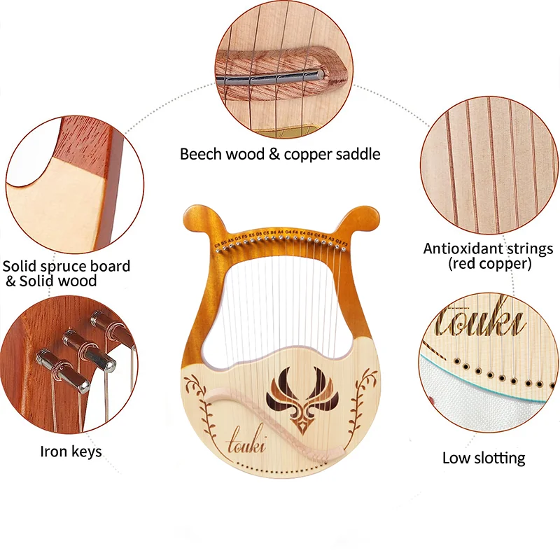 19 Strings Lyre Harp Mahogany Lyra Harp Stringed Musical Instruments with Tuning Wrench and Instructions for Beginners Adults