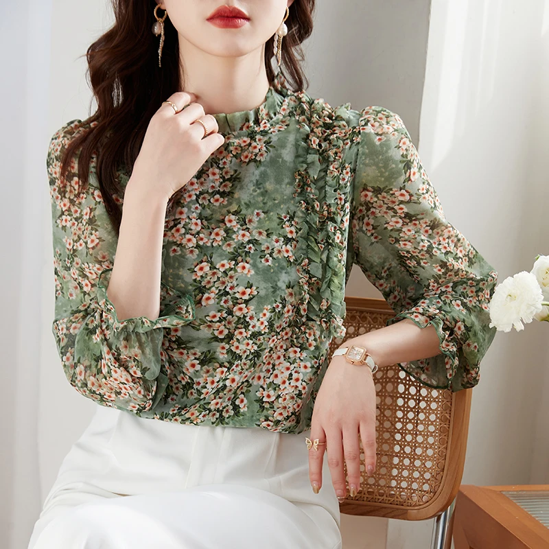 Fashion printing ladies chiffon shirts New elegant Women\'s Blouses 2023 Spring Autumn Shirts Tops Blusas Mujer