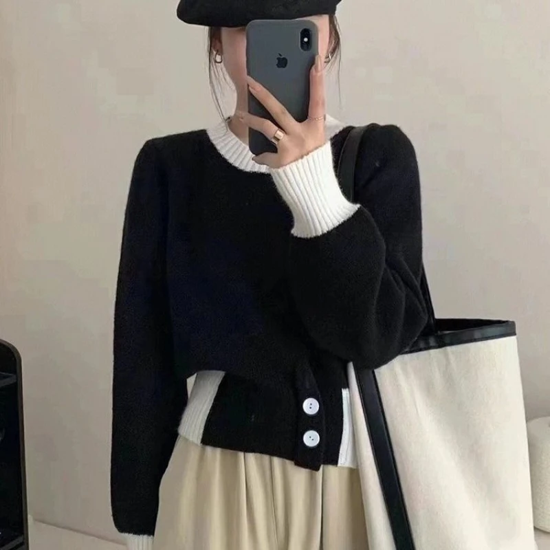 Autumn Winter New Fashion Round Neck Long Sleeve Contrast Color Pullovers Women's Clothing Waist Retraction Korean Knitting Tops