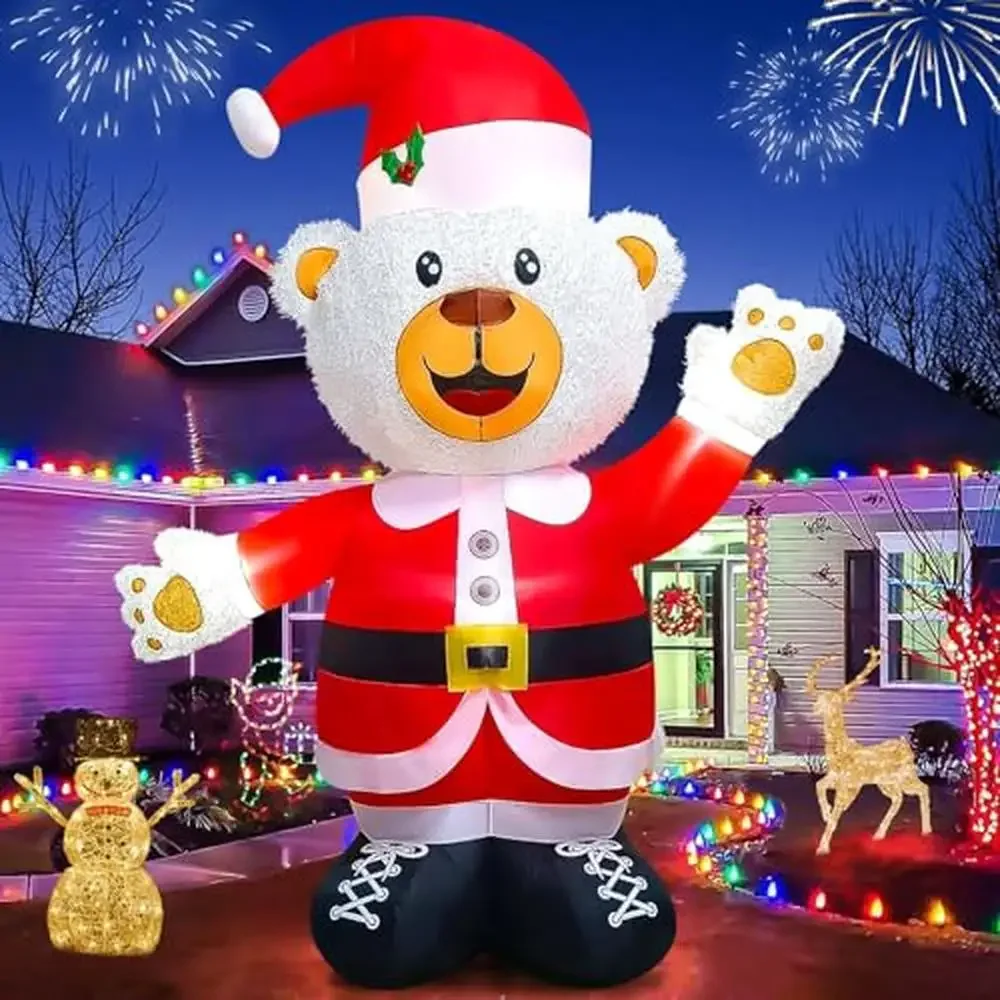 Christmas Inflatable LED Light Fluffy Bear Xmas Cute White Bear Blow Up Plush Fabric Material Easy Install Strong Holiday