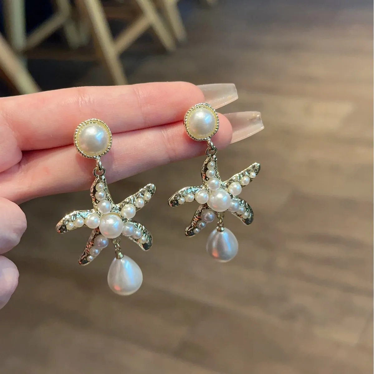 2pcs Fashion Starfish Ocean Light Luxury Style Alloy Artificial Pearl Silver Color Earring Pendant Woman Party Prom