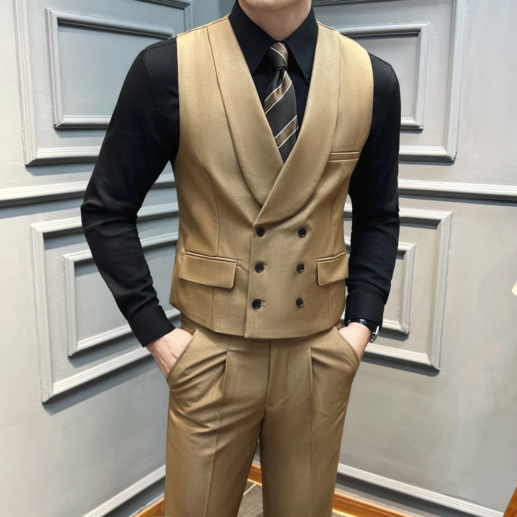 (Colete + calças) marca de alta qualidade cor sólida terno colete 2 peças masculino luxo duplo breasted design moda colete conjunto roupas do clube