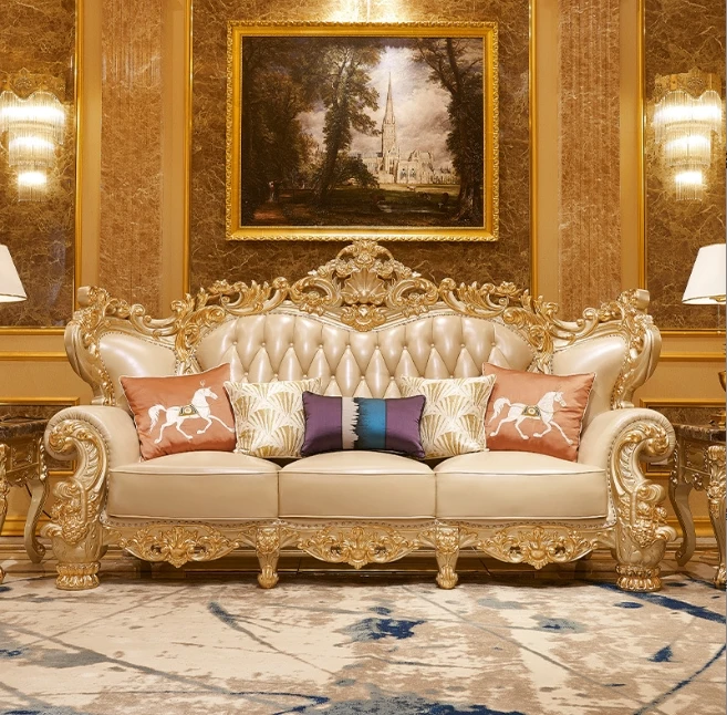 

mz-High Luxury Royal Pure Leather European Sofa Combination Living Room Champagne Gold Solid Wood Sofa Couch for Hotel Villa~