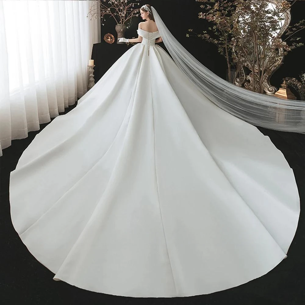 Graceful Off The Shoulder Bridal Dress Classic Vintage Satin Wedding Gown Luxury Ball Gown Long Bride Robe Vestido De Novia