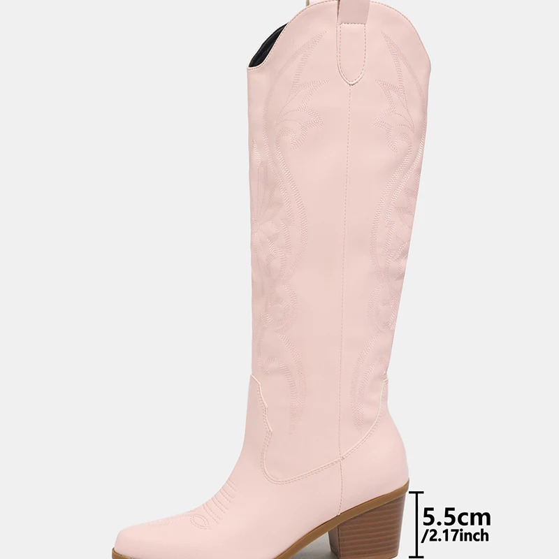 Aneikeh Fashion Boots Faux Leather Western Cowgirl Boots Classic Embroidery Pointed Toe Chunky Block Heel Design Women Knee High