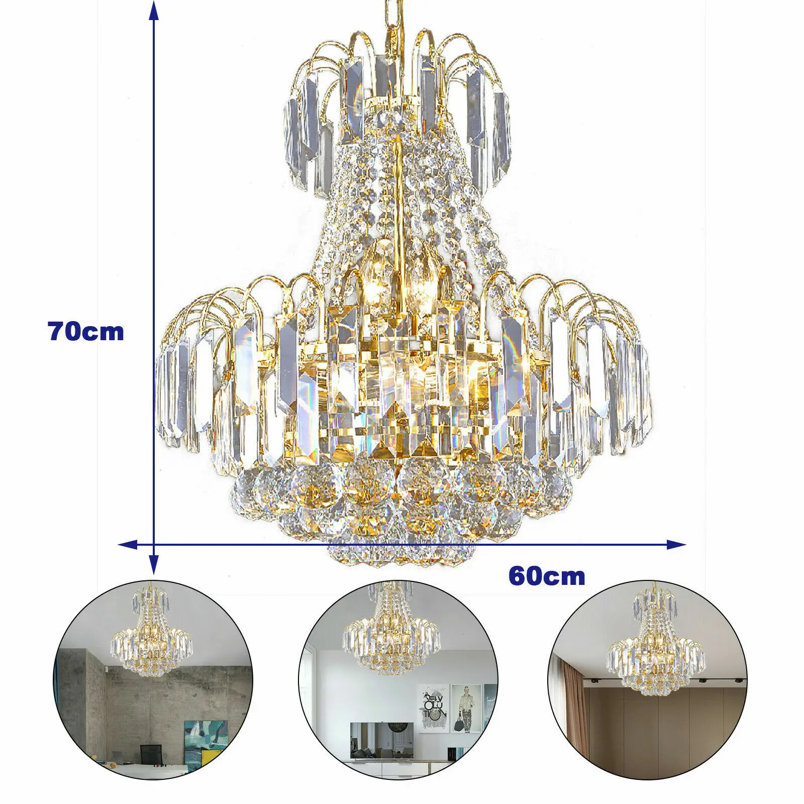 Gouden moderne K9 kristallen kroonluchter, gegalvaniseerd ijzer, verstelbare ketting, E14 fitting, dimbaar, plafondmontage, 107,64-161,46ft² verlichting - afbeelding 2