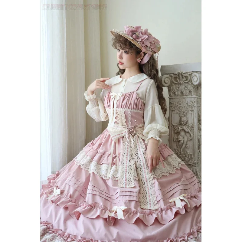 

asdh8@2025 New Spring and Summer Ladies Elegant Lolita Jsk Suspender Dress Retro Sweet Women's Lace Bow Slim Straps Long DressCO