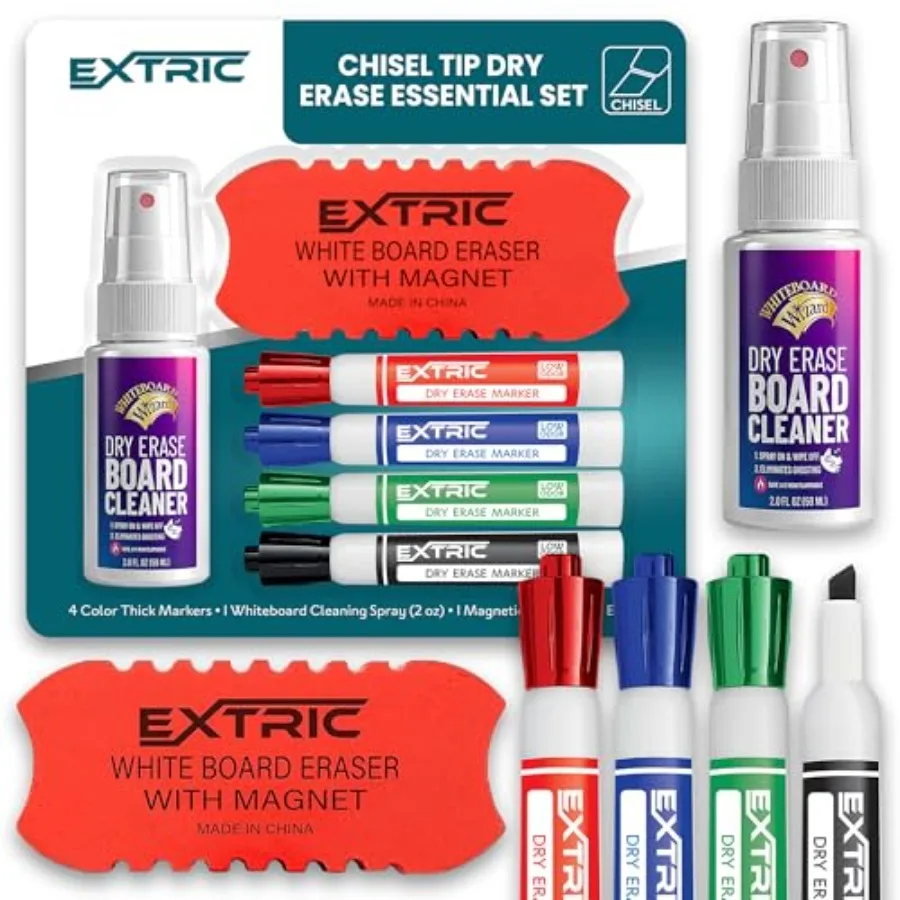 Dry Erase Markers Set, 4 Whiteboard Markers, Whiteboard Cleaner and Eraser, Low Odor Dry Erase Marker with Eraser Bundle for Ho