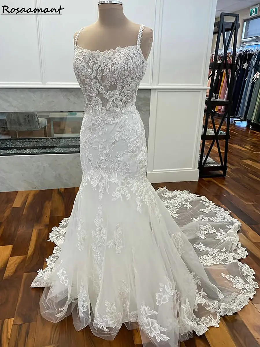 

Romantic Illusion Spaghetti Straps Mermaid Wedding Dresses Backless Appliques Lace Country Bridal Gowns