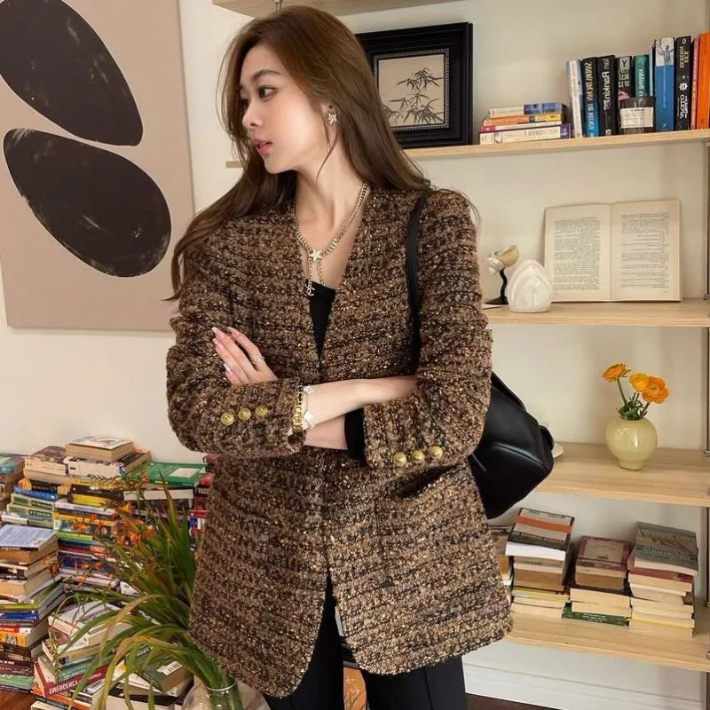 2026 Spring and Autumn Female New High-end Small Fragrant Coat Woven Temperament Celebrity Spring Coat Women's Loose Top Woolen