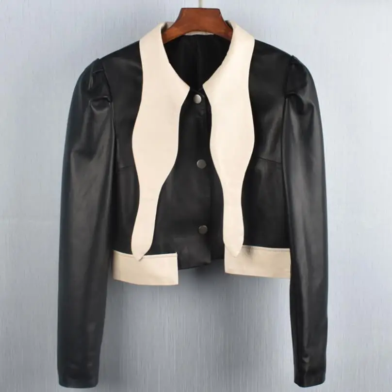 Autumn Genuine Real Leather Jacket Women Fashion Turndown Collar Contrast Color Puff Sleeve Short Sheepskin Jacket Female Y3076