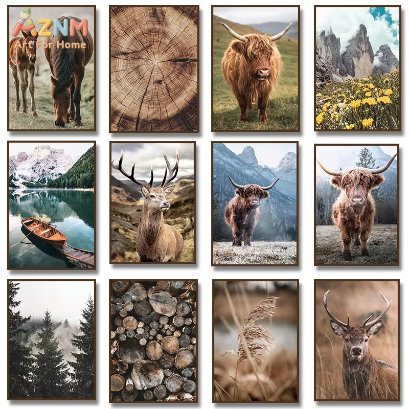 1PC,Nature Highland Cow Deer Wood Log Pile Horse Lake Photography Canvas Painting Print Landscape Poster for Living Home Decor