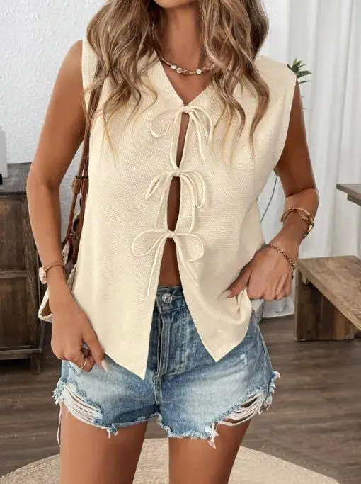 

2025 Summer New Casual Strap Bow Knitted Sleeveless Vest for Women
