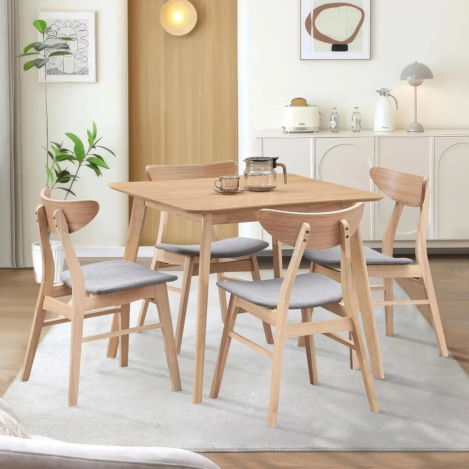 Wooden Dining Table Set With 4 Fabric Upholstered Chairs, Modern Simple Design, Space Saving, Oak