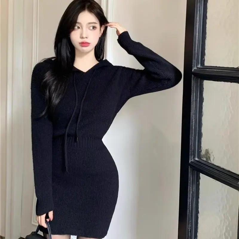 Korea White Hooded Knit Dress Women's Waist-Fitted Inner Sweater Skirt Short Coat 2024 Autumn/Winter New Arrival