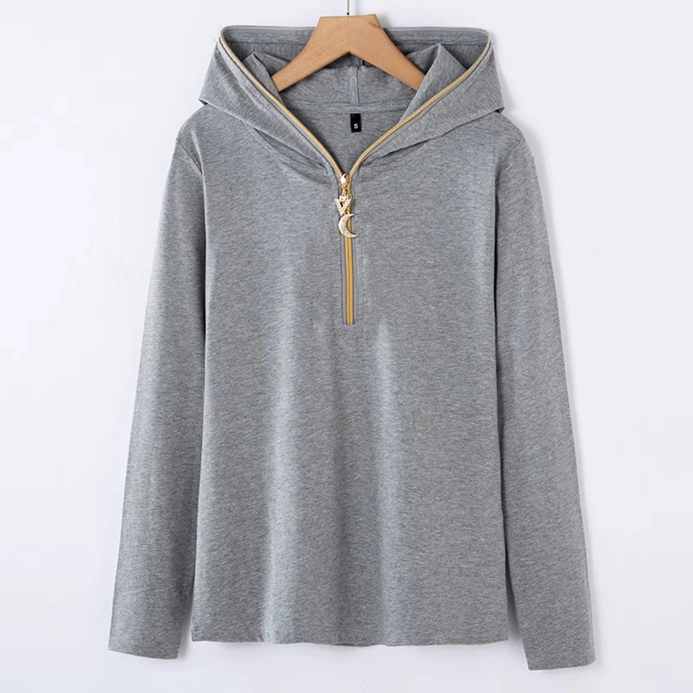 Women\'s 2024 new spring and autumn long sleeved hooded rose red top women\'s plus size t-shirt thin cut hooded zip chain trendy