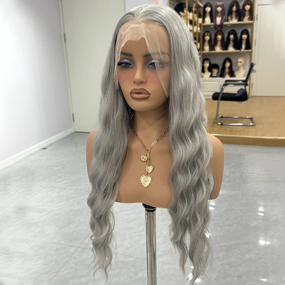 RDY Grey Long Wave Synthetic Lace Wig Natural Wave Lace Hair Ready To Wear Grey Wig Cosplay Synthetic Frontal Lace Wig For Women