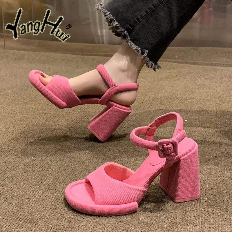 Elegant Temperament Party Thick  High Heels Pumps 2023 New Fashion Exposed Toes Non-slip Printing Women's Sandals Summer