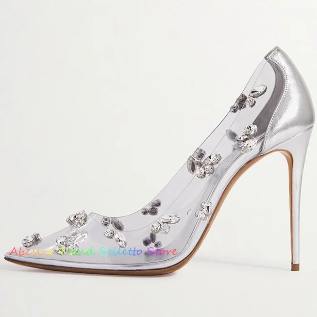 Silver Pointed Toe Clear Pvc Pumps Women's Stiletto Heel Rhinestones Shoes Slip On Sexy Elegant Design Office Women Casual Shoes