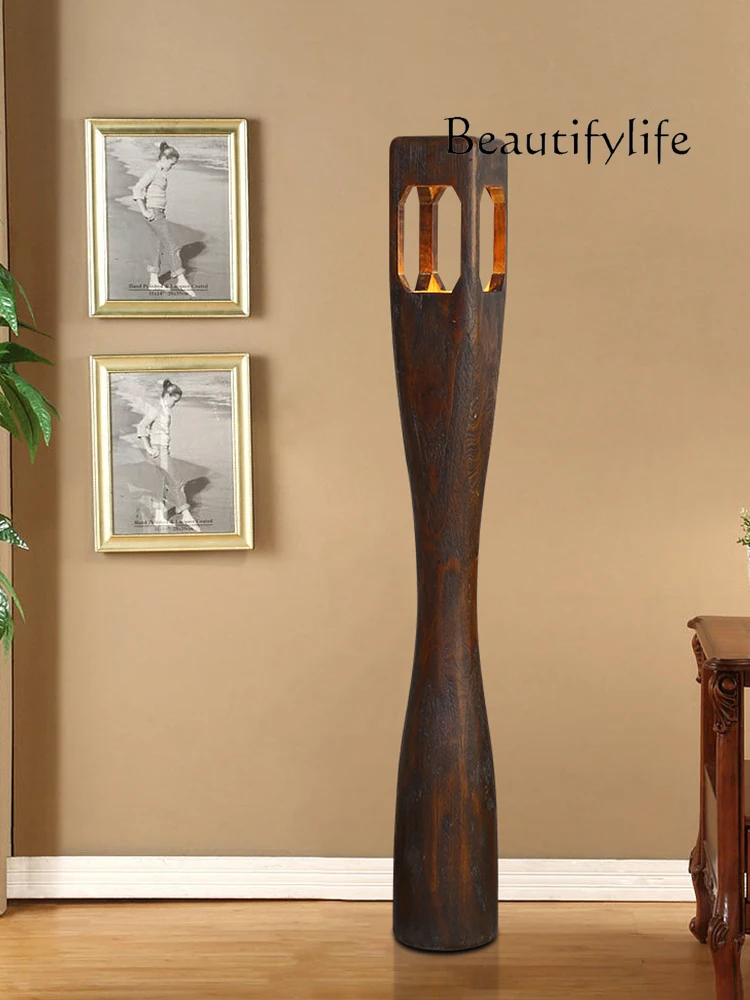 American Retro Hollow-out Solid Wood Silent Style Tea Room Bedside Log Style Study Creative Floor Lamp