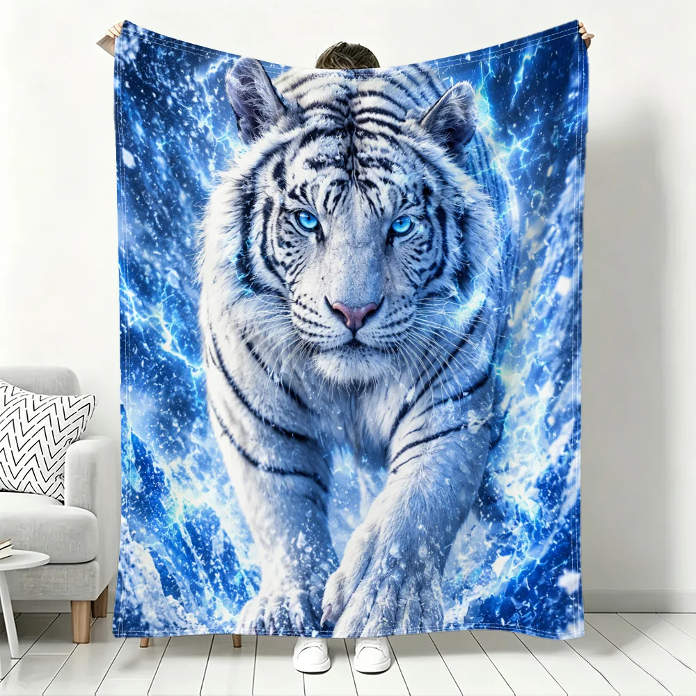 Vivid Blue Electric Tiger Portrait Throw Blanket Cozy Home Decor Gift for Animal Lovers