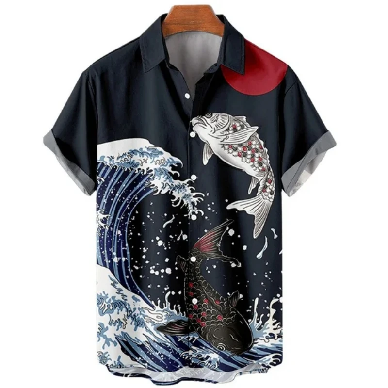 

Hawaiian Men's Shirt Summer Loose Lapel Button-Down Shirts Fish And Wave Graphic Short-Sleeved Printed Tee Beach Party Clothing