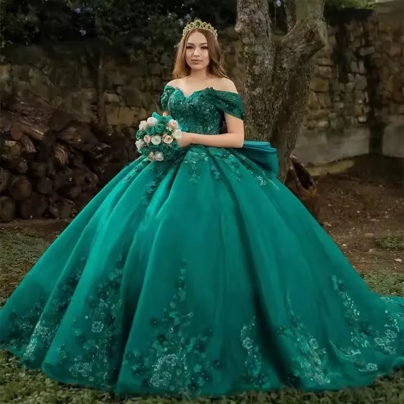 Customized Vestido De 15 Años Quinceañera Emerland Green Tulle Ball Gown Quinceanera Dress Lace Appliqued Long Pageant Gowns