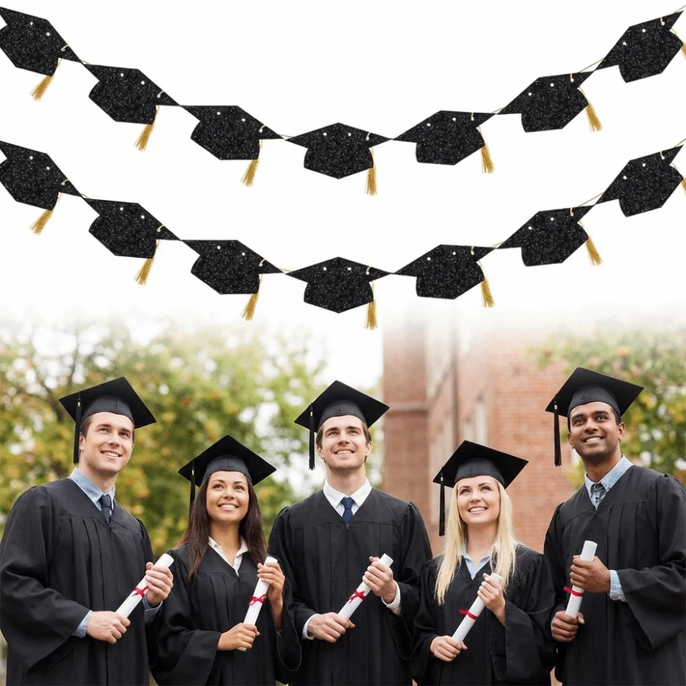 2Pcs Reusable Graduation Party Banner Shining with Tassels Bachelor Hat Banner Durable Glitter Decor Paper Pull Flag