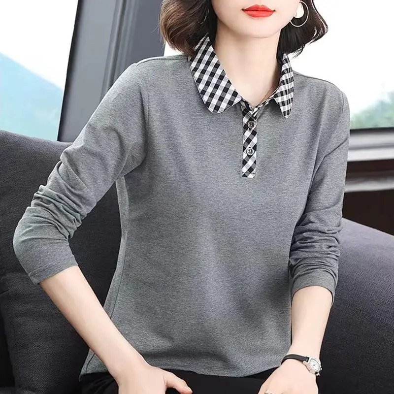 2023 Spring and Autumn New Korean Version Temperament Commuter Top POLO Collar Buttons Long Sleeve Simplicity Solid Color Shirt