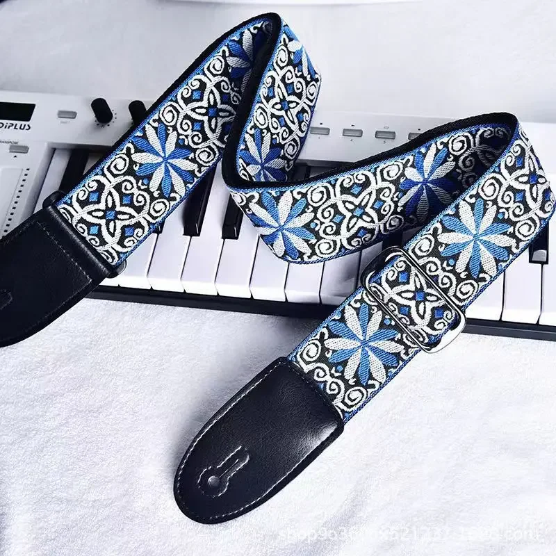 Colorful Embroidered Blue Guitar Strap Acoustic Electric Bass Guitar Ukulele Cotton Shoulder Belt Adjustable Wide for Men Kids