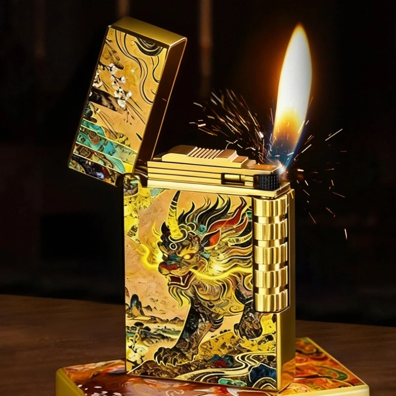 DK923 Gilt Enamel Color Printed Loud Sound Oblique Flame Open Flame Grinding Wheel Lighter Available for Wholesale