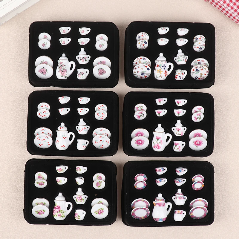 Girls Toys Tea Game Miniature Tea Set Dollhouse Furniture 15Pcs 1:12 Porcelain Cups Flower Tableware Kitchen Decorative Teapots