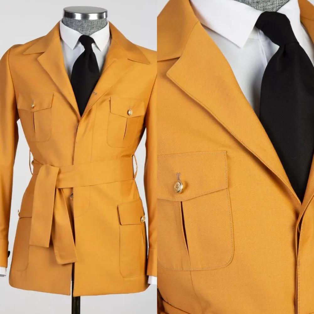 

Vintage Luxury Wedding Coat For Men Notched Lapel Single Breasted Belt Overcoat Business Blazer Only Jacket Custom Made