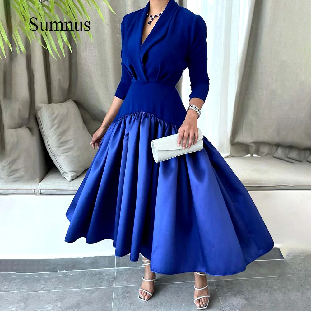 

Sumnus Royal Blue A Line Saudi Arabic Evening Dress Long Sleeve Spandex Satin Elegant Dubai Party Prom Gown Women Formal Outfits