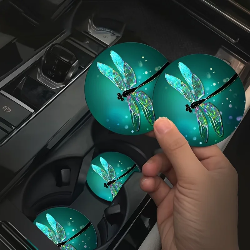 Set Of 2 Car Coasters - Automotive Interior Additions, Suitable For Both Men'S And Women'S Car Decor - Dragonfly Pattern Design