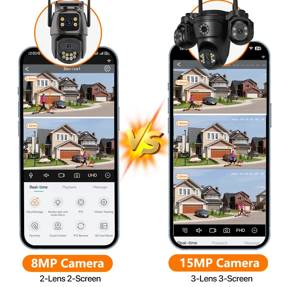 Telecamera IP WiFi Esterna 15MP Tripla Lenti Tripla Schermi Video di Sicurezza Monitor 8MP HD Ai Rilevamento Umano Telecamera CCTV iCsee