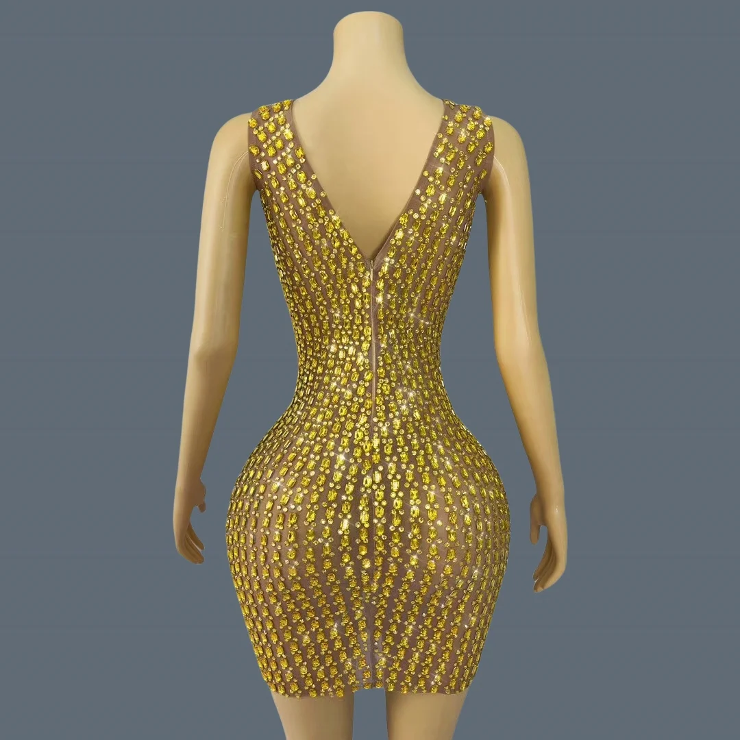 New Sexy Hollow out Mini Dress Women's Bodycon Wrap Dress Birthday Party Sparkly Golden Rhinestone Club Evening Dress liusixian